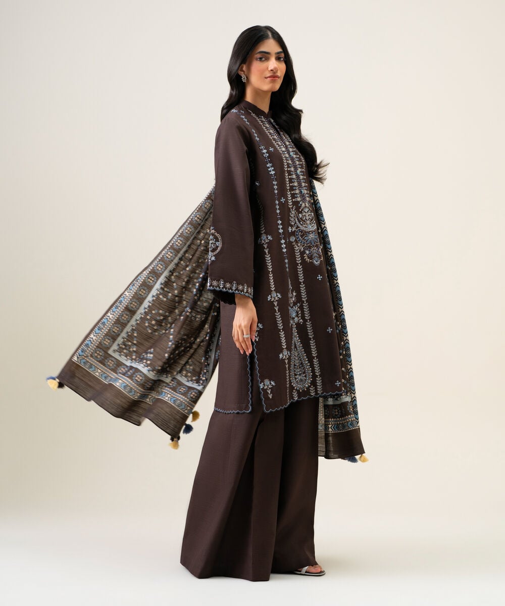 Womens Unstitched Light Khaddar Embroidered Brown 3 Piece Suit