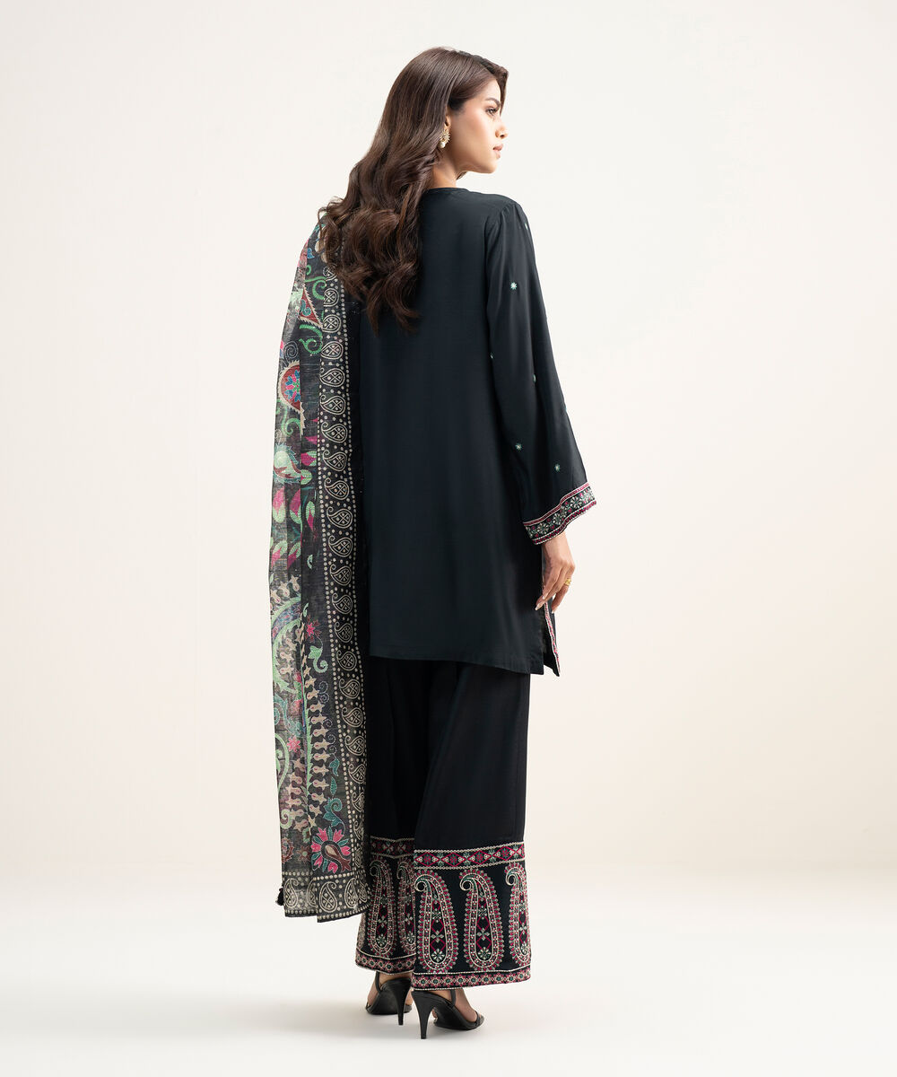 Women's RTW Viscose Raw Silk Embroidered Black 3 Piece Suit