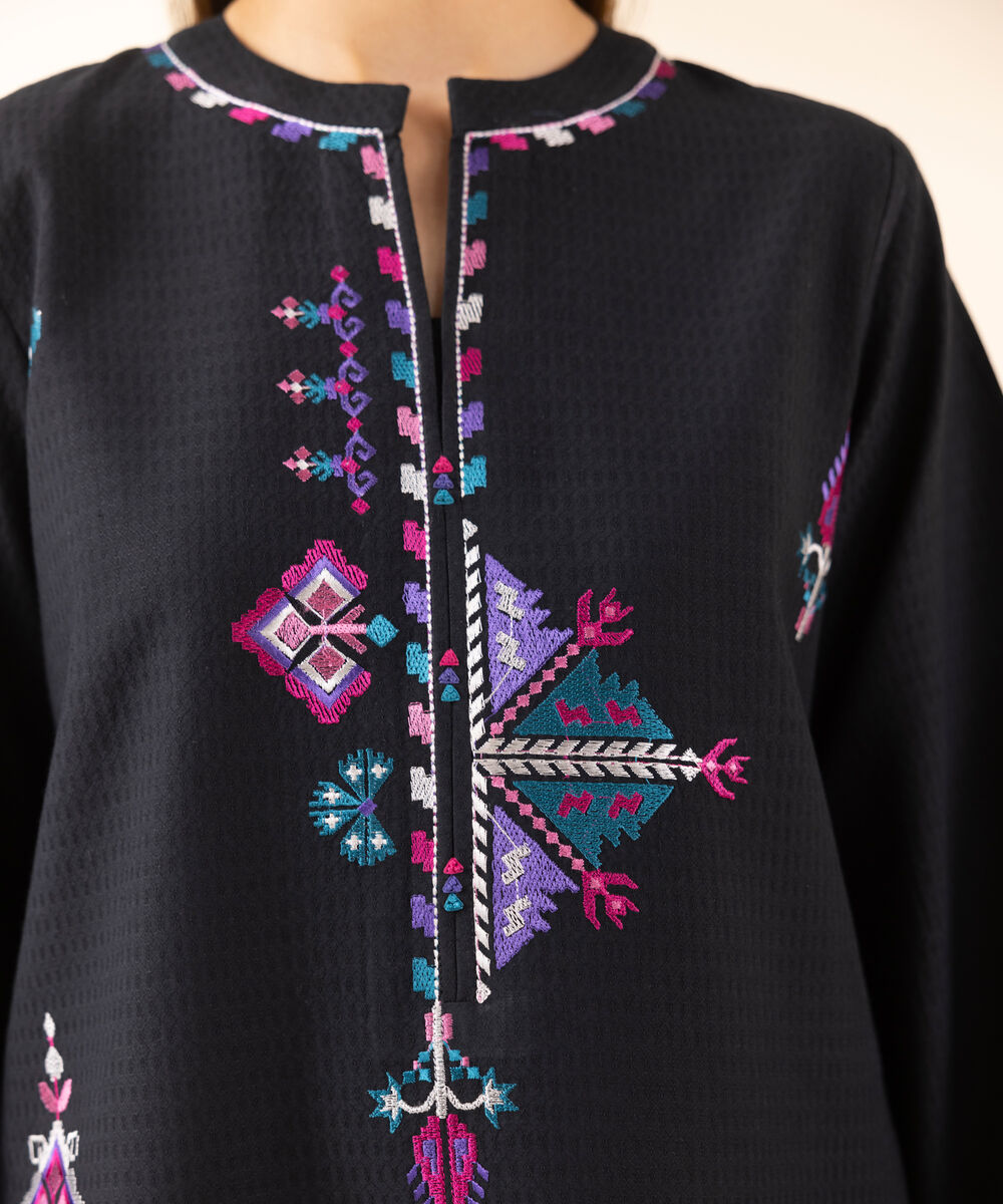 Women's Unstitched Dobby Embroidered Black 3 Piece Suit