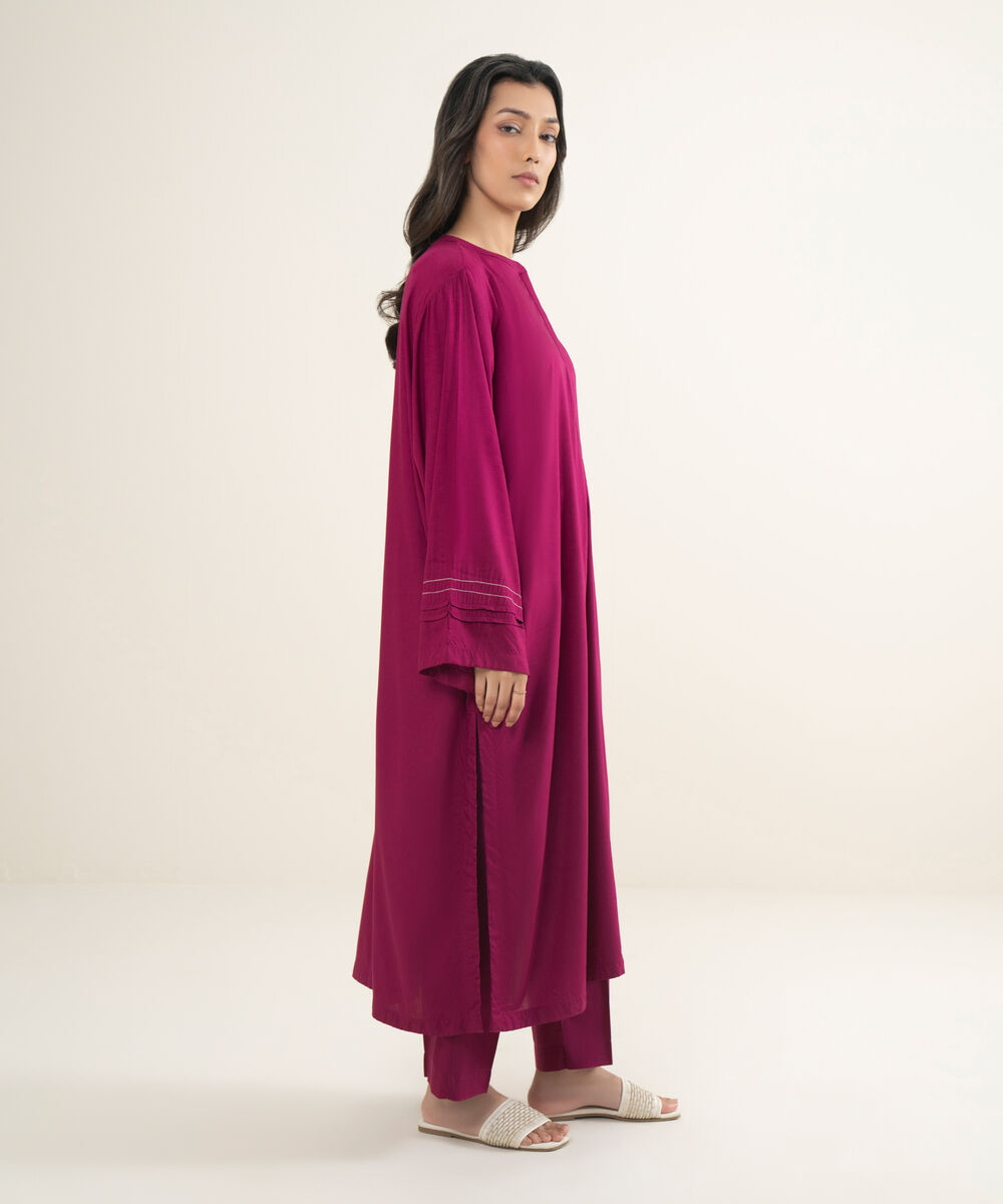 Women's RTW Arabic Lawn Solid Pink Straight Shirt