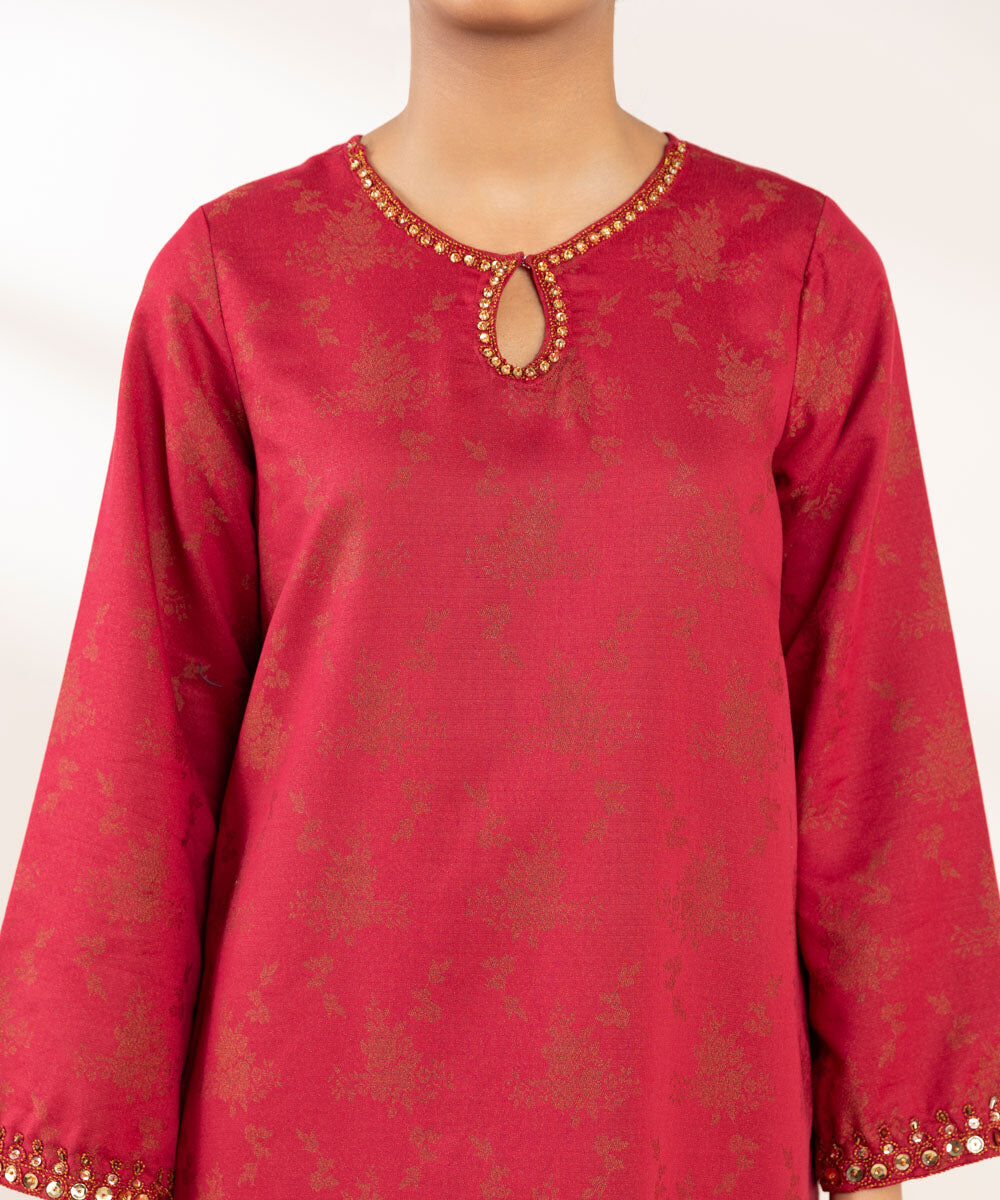 Woman - Red Embroidered Cotton Jacquard Shirt