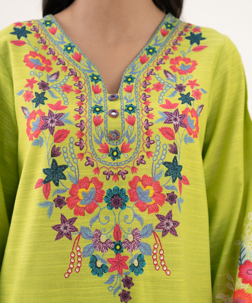 Women's RTW Khaddar Printed A-Line Lime Green Shirt