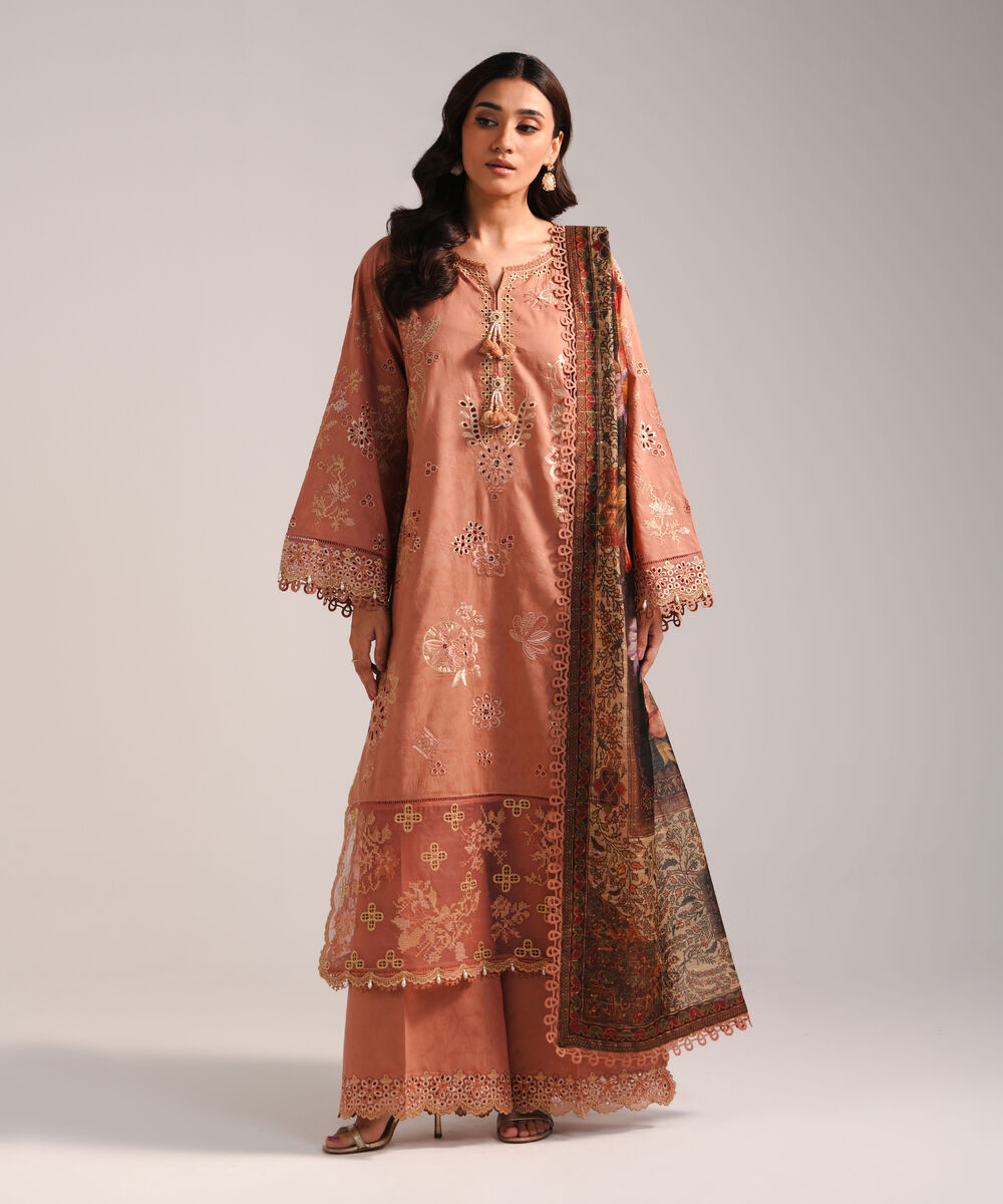 Women's RTW Self Jacquard Embroidered Blue 3 Piece Suit