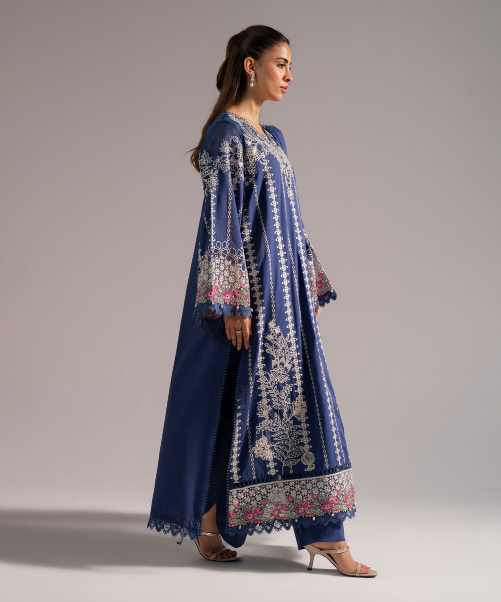 Women's RTW Dobby Embroidered Dark Blue 3 Piece Suit