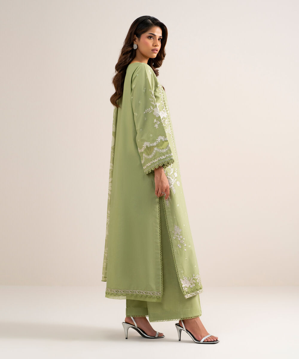 Women's Unstitched Textured Lawn Embroidered Green 3 Piece Suit