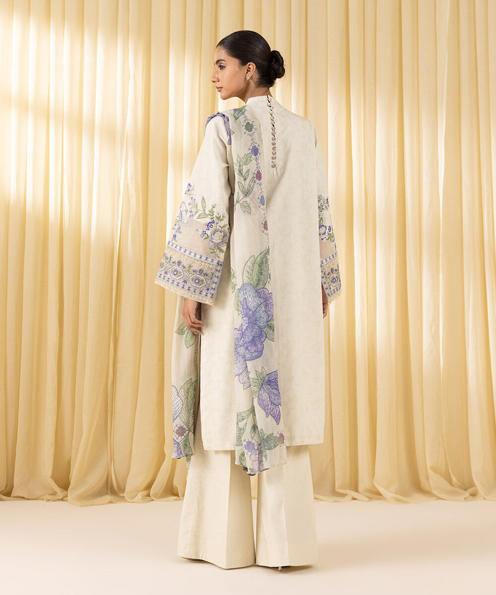 Unstitched Women's Off White Cotton Jacquard 3 Piece Suit