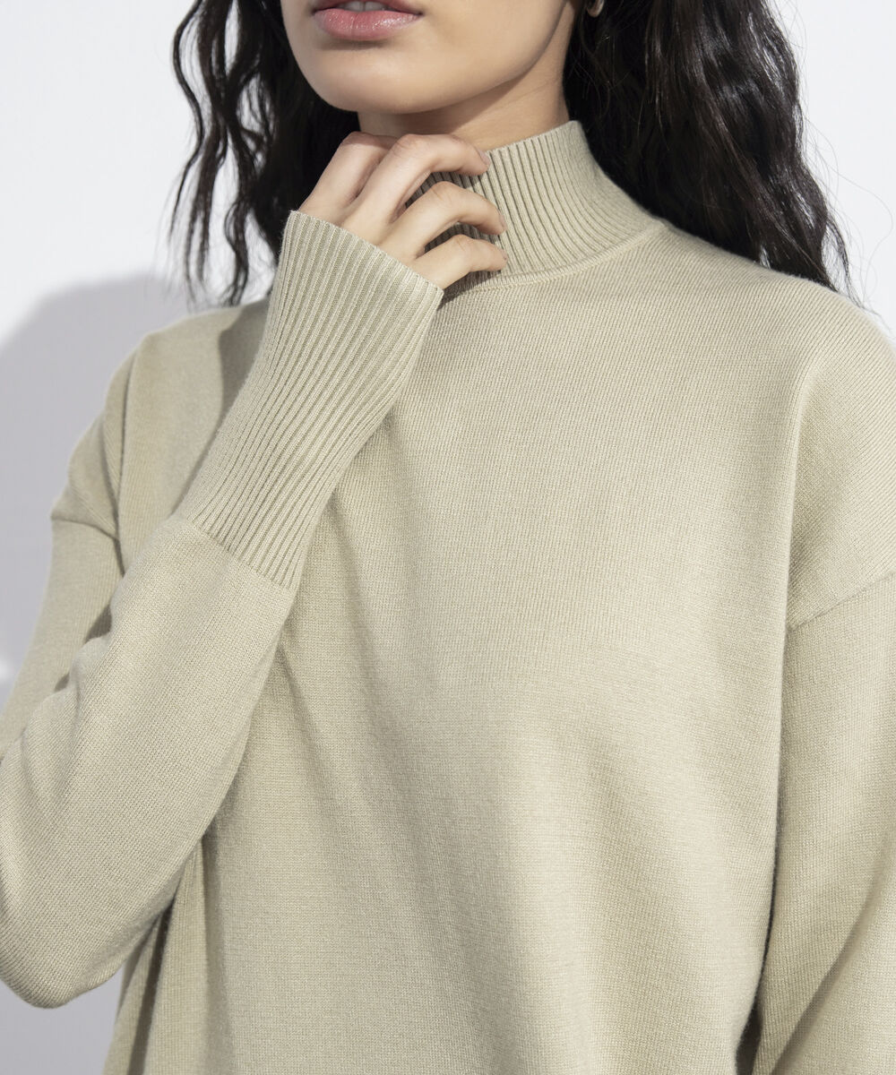 Women's Western Wear Beige High Neck Sweater Dress