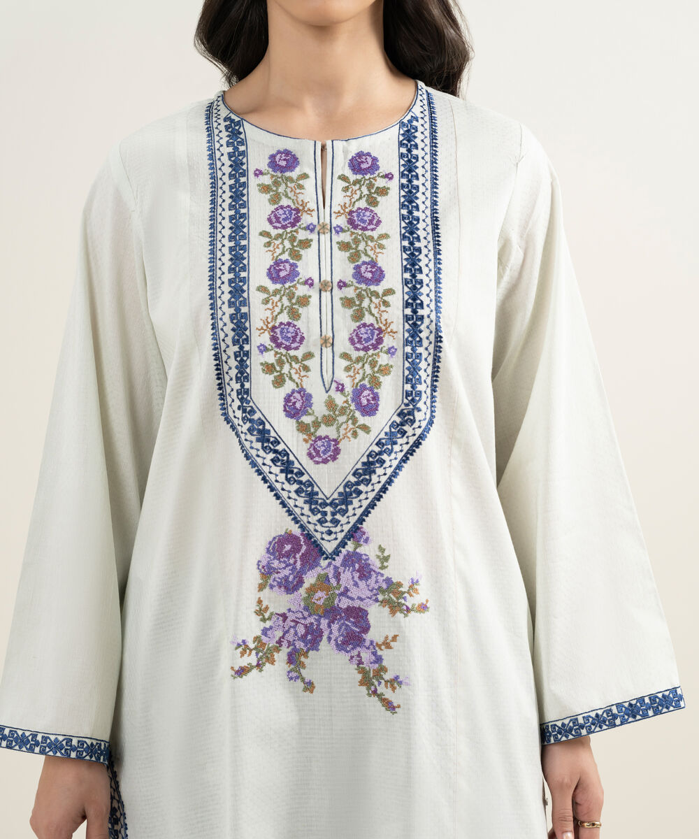 Women's RTW Dobby Embroidered Mint Green A-Line Shirt