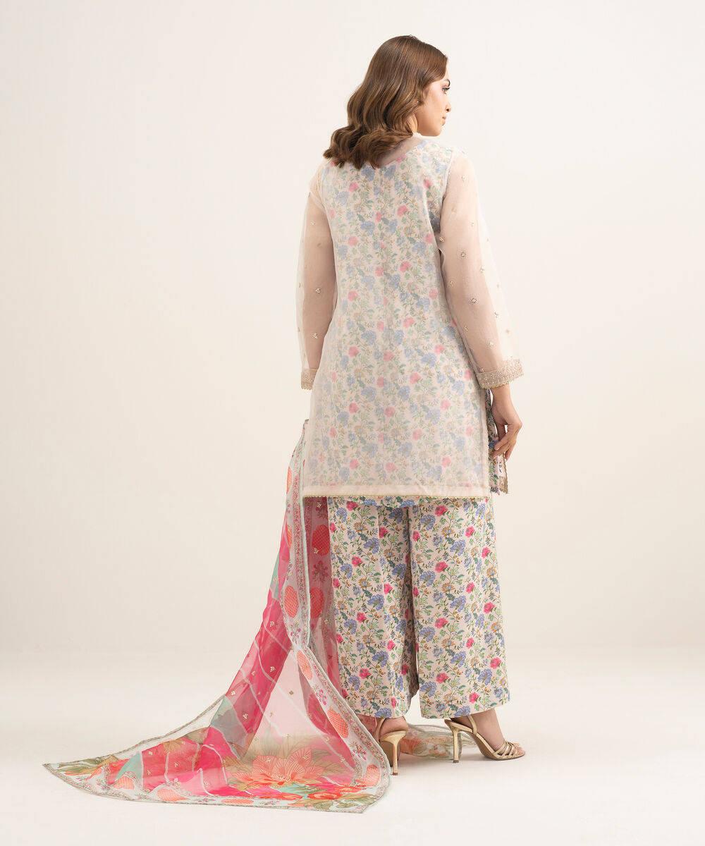 Women's RTW Blended Organza Embroidered Pink 3 Piece Suit