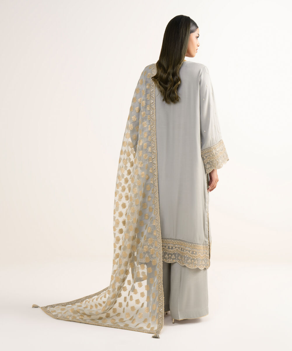 Women's RTW Viscose Raw Silk Grey Embroidered 3 Piece Suit