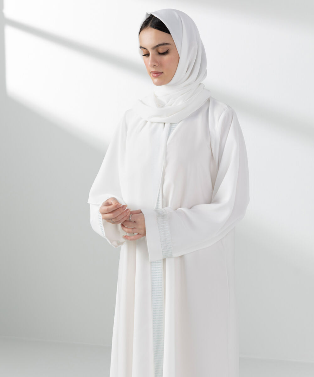 Woman - White Embroidered Button Through Abaya Set