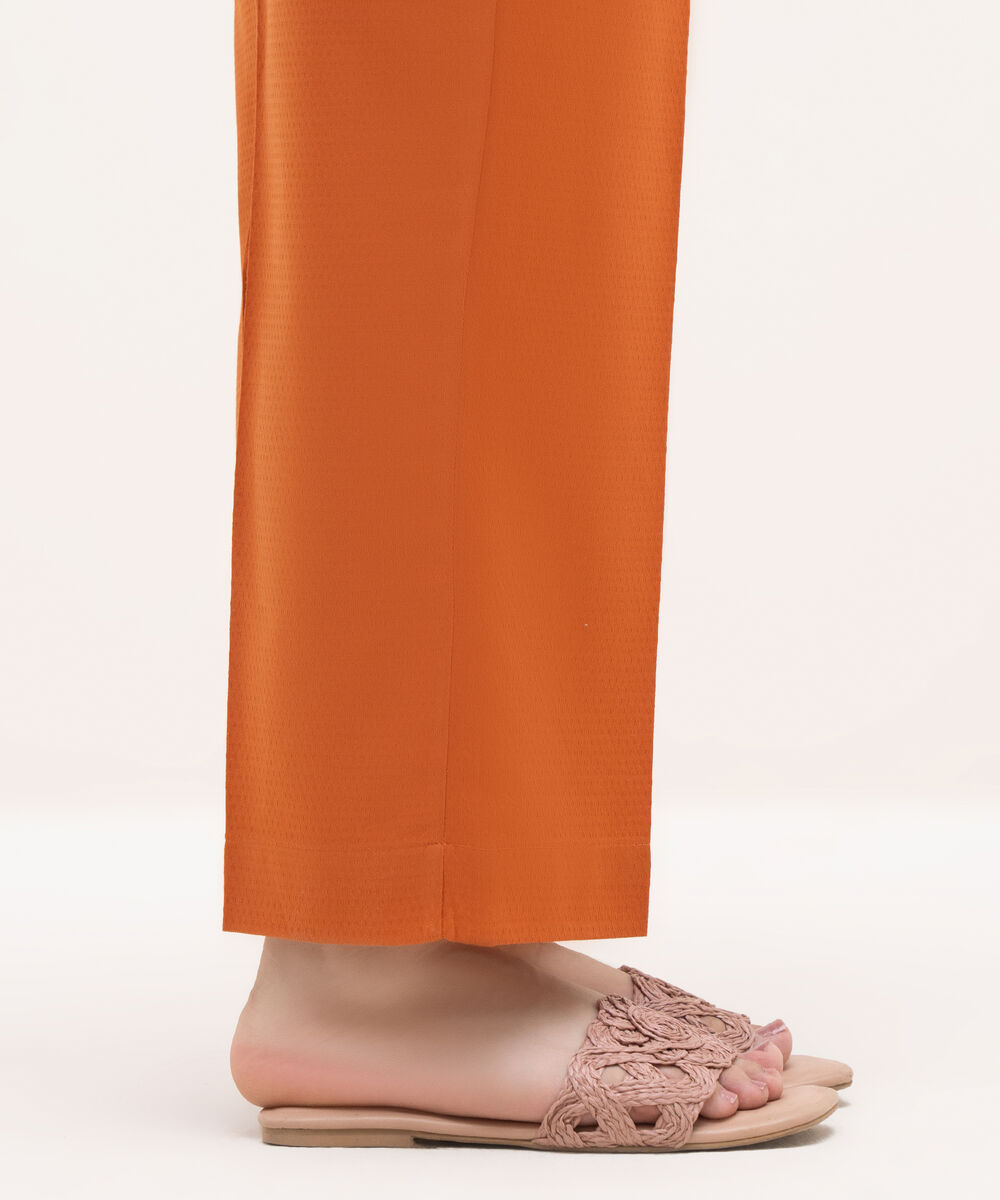Women's RTW Textured Cotton Orange Solid Straight Pants