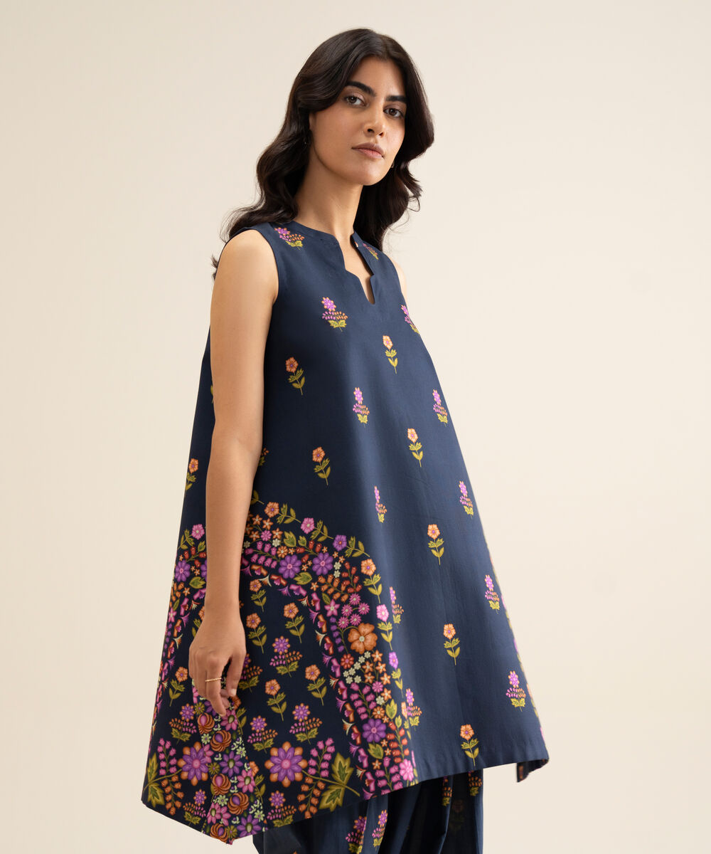 Women's Unstitched Cotton Printed Navy Blue 2 Piece Suit