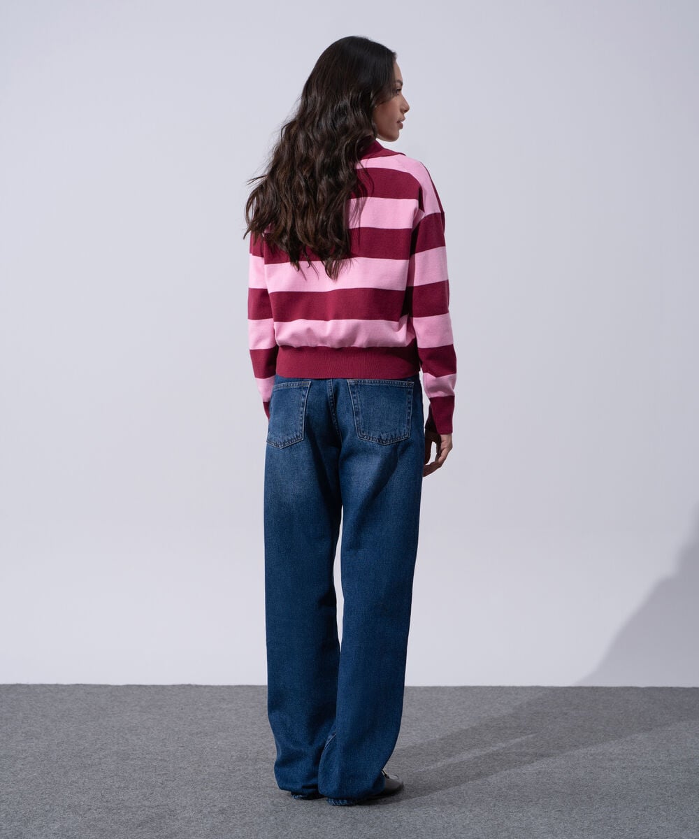 Women's Western Wear Merlot And Pink Striped Polo Neck Sweater
