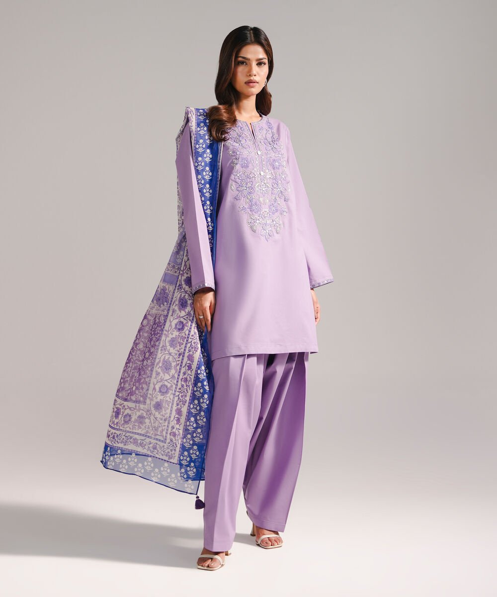 Women's RTW Lawn Embroidered Lavender 3 Piece Suit