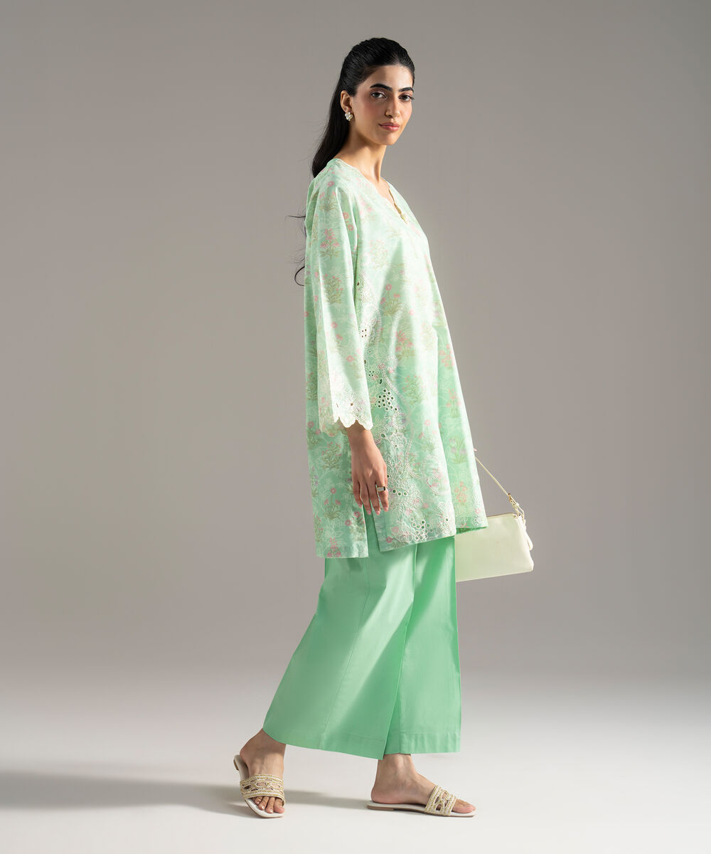 Women's RTW Cotton Viscose Printed Embroidered Green 2 Piece Suit