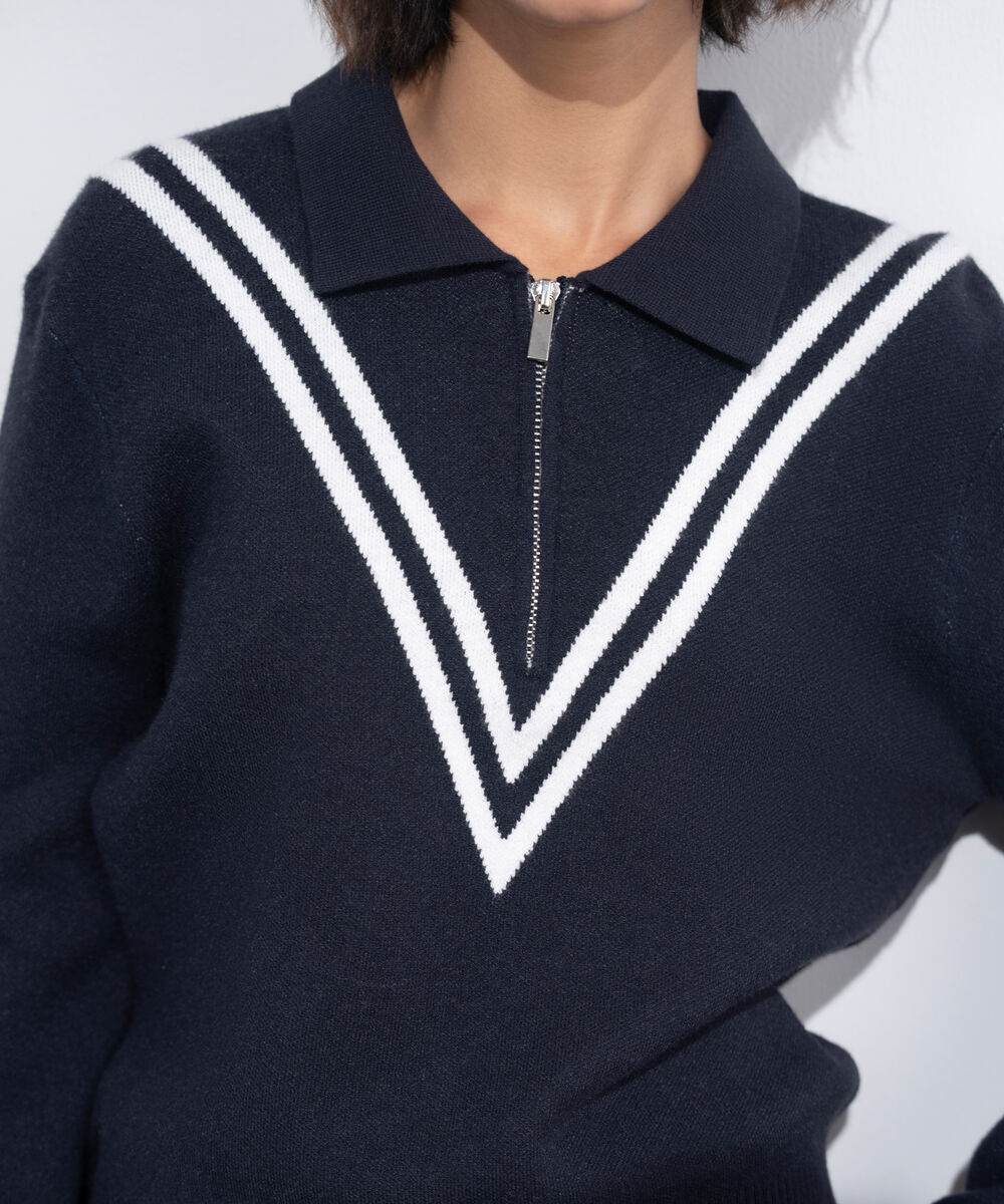 Women's Western Wear Blue Striped Polo Knit Sweater