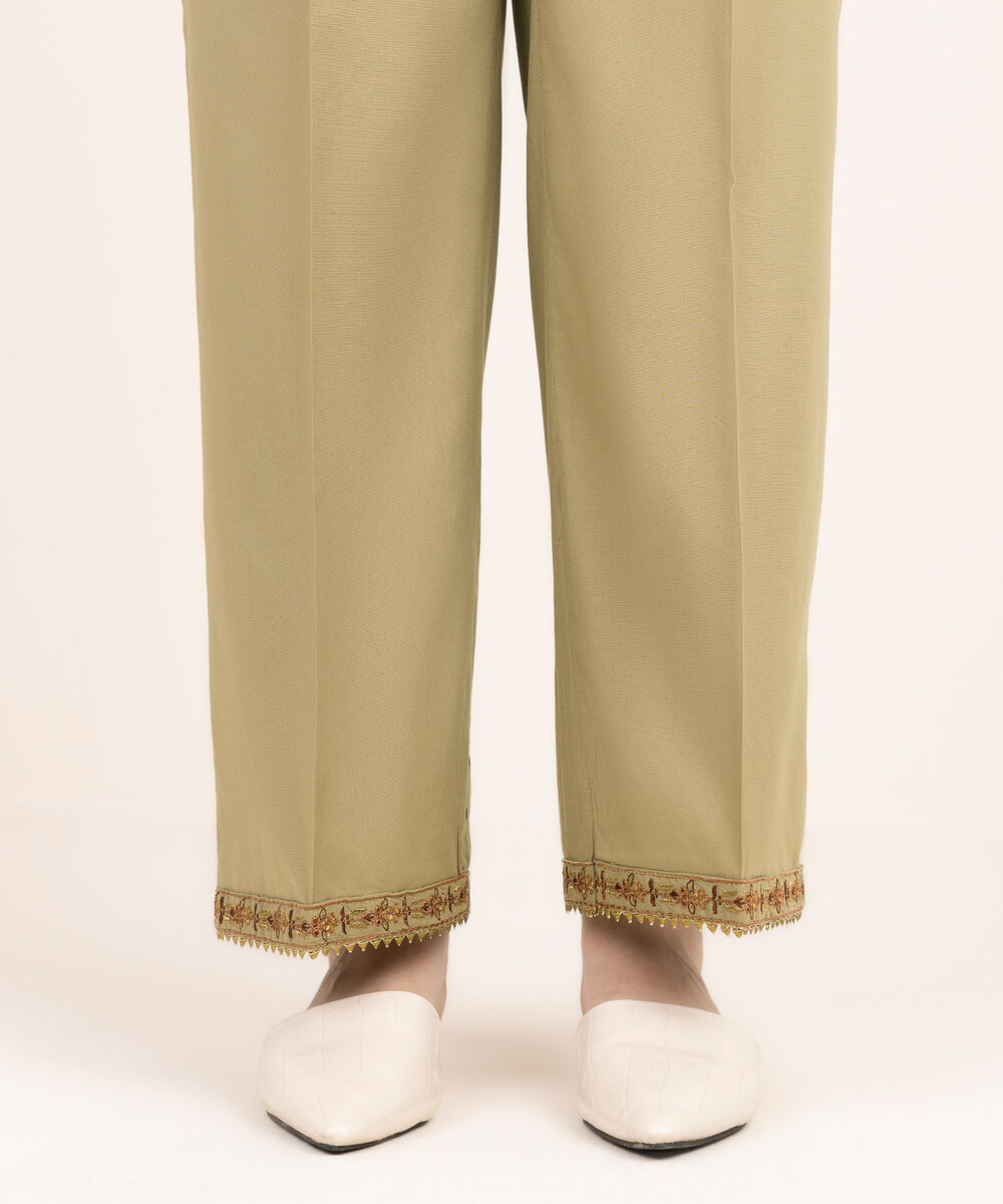 Women's RTW Cotton Viscose Embroidered Beige Straight Pants