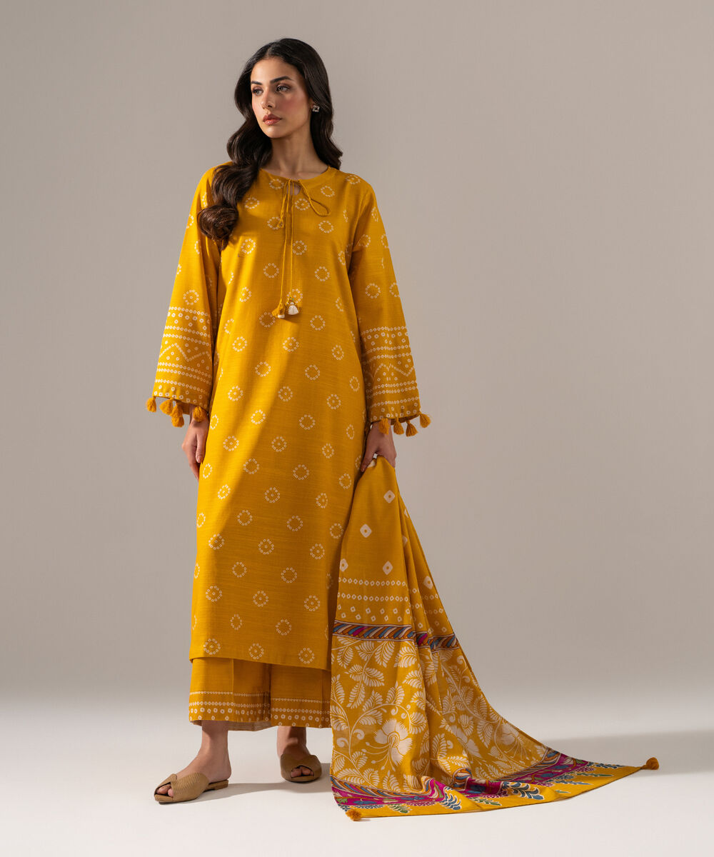 Women's RTW Khaddar Printed Yellow 3 Piece Suit