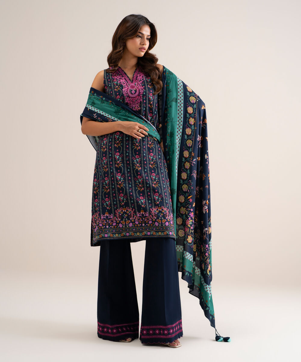 Women's Unstitched Printed Cotton Viscose Blue 3 Piece Suit