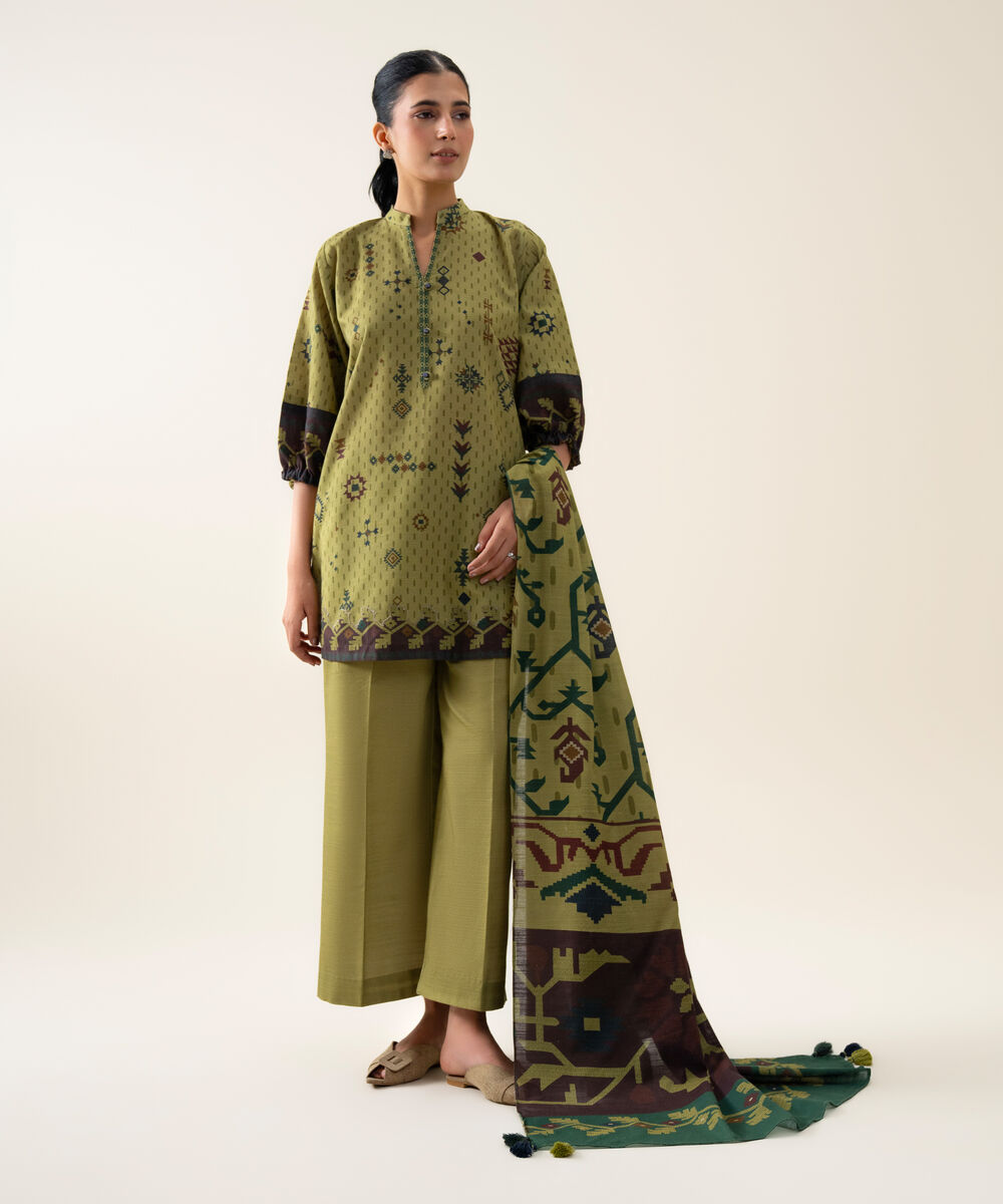 Womens Unstitched Premium Khaddar Printed Green 3 Piece Suit