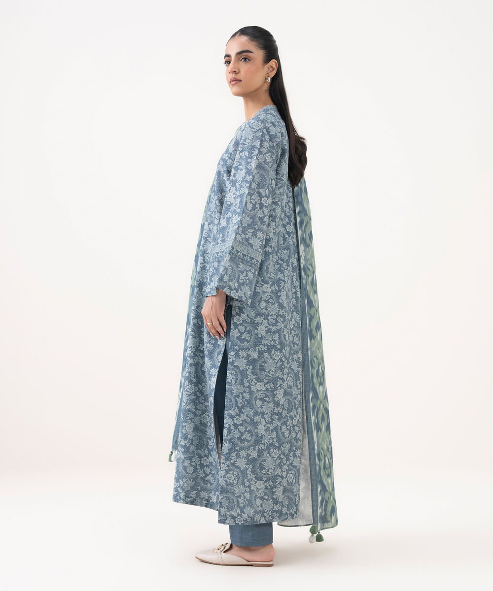 Women's Unstitched Cotton Printed Grey 3 Piece Suit