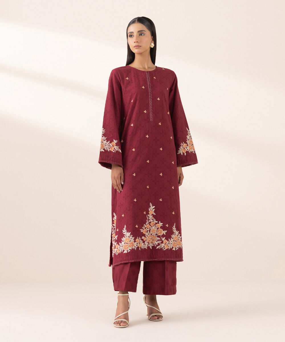 Women's Pret Yarn Dyed Red Embroidered A-Line Shirt