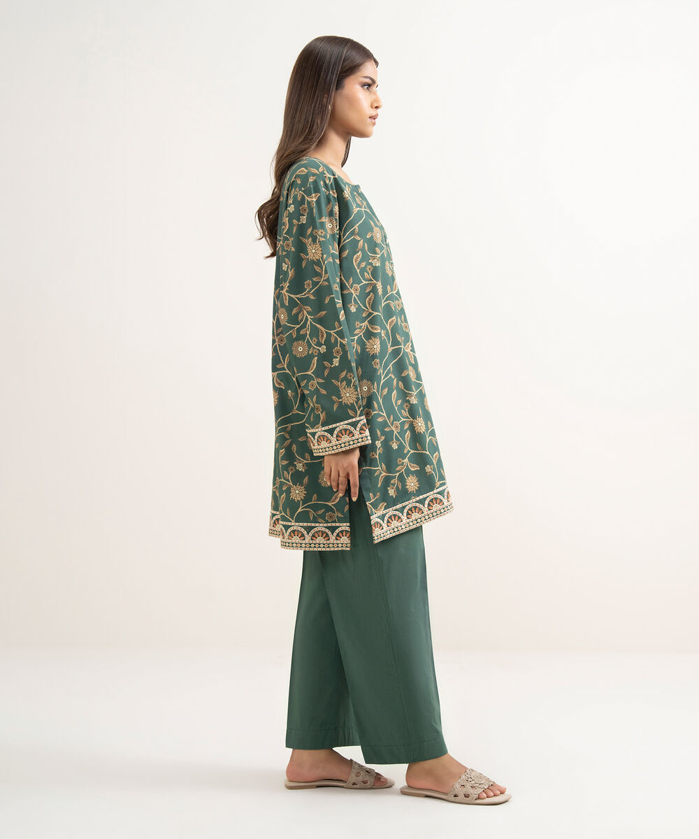 Women's RTW Cotton Viscose Embroidered Green Straight Shirt