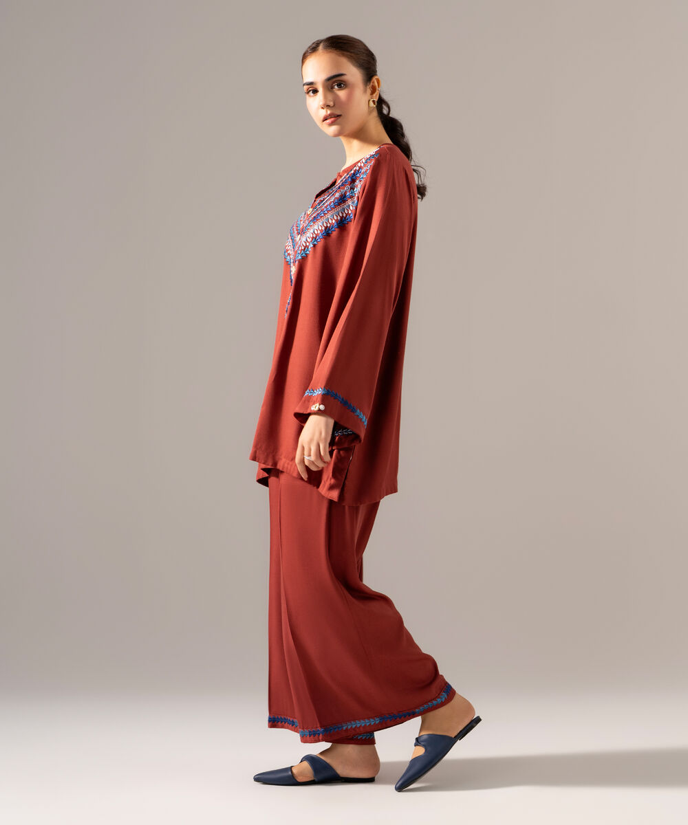 Women's RTW Bedford Solid Embroidered Brown Drop Shoulder Shirt