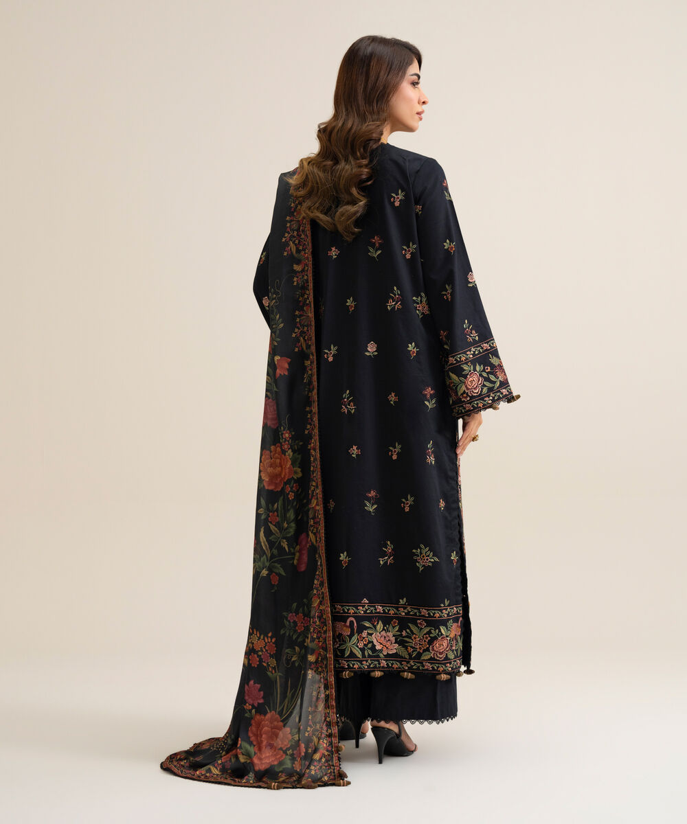 Women's Unstitched Fine Cotton Satin Embroidered Black 3 Piece Suit