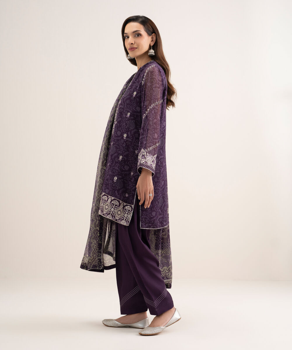 Women's Unstitched Blended Chiffon Embroidered Purple 3 Piece Suit