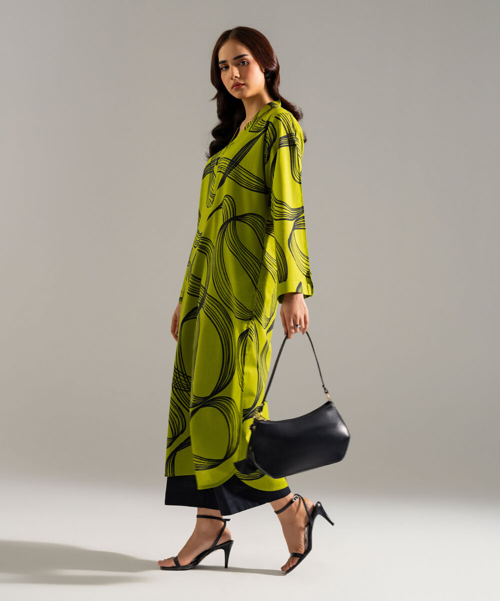 Women's RTW Slub Lawn Printed Green Straight Shirt