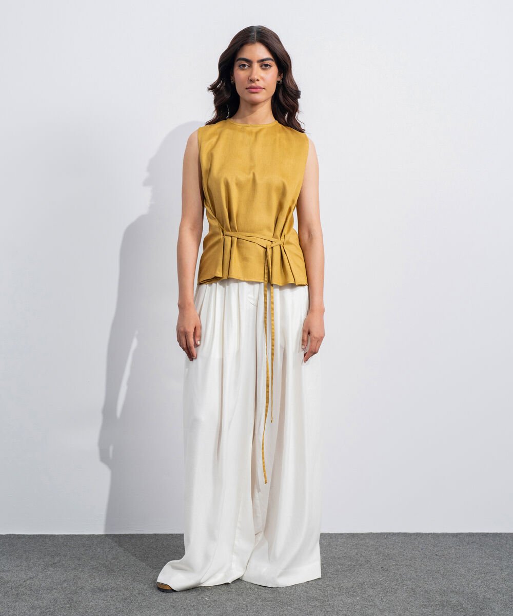Women's Western Mustard Linen Blend Sleeveless Top