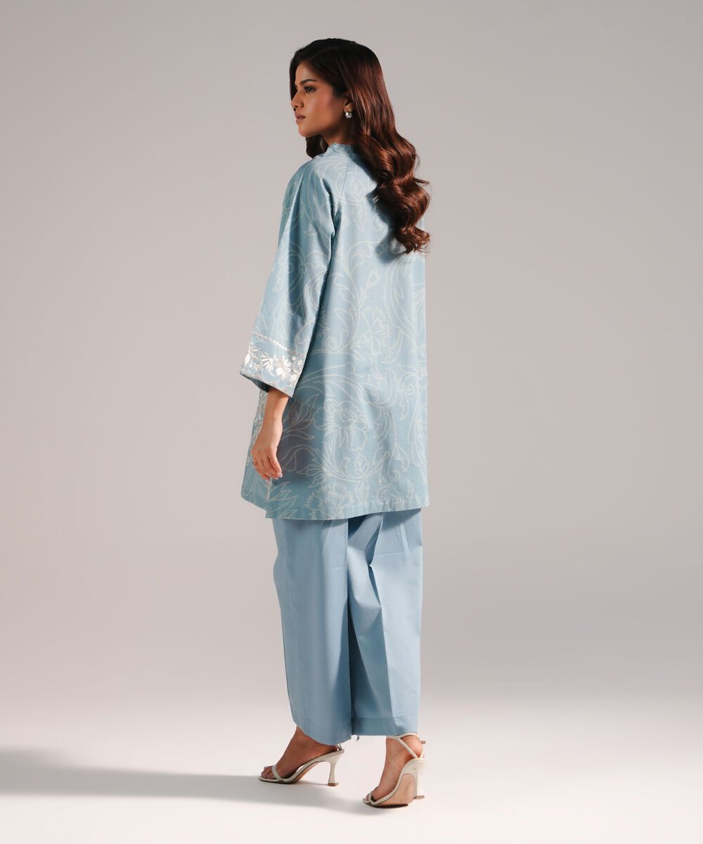 Women's RTW Dobby Embroidered Blue 2 Piece Suit