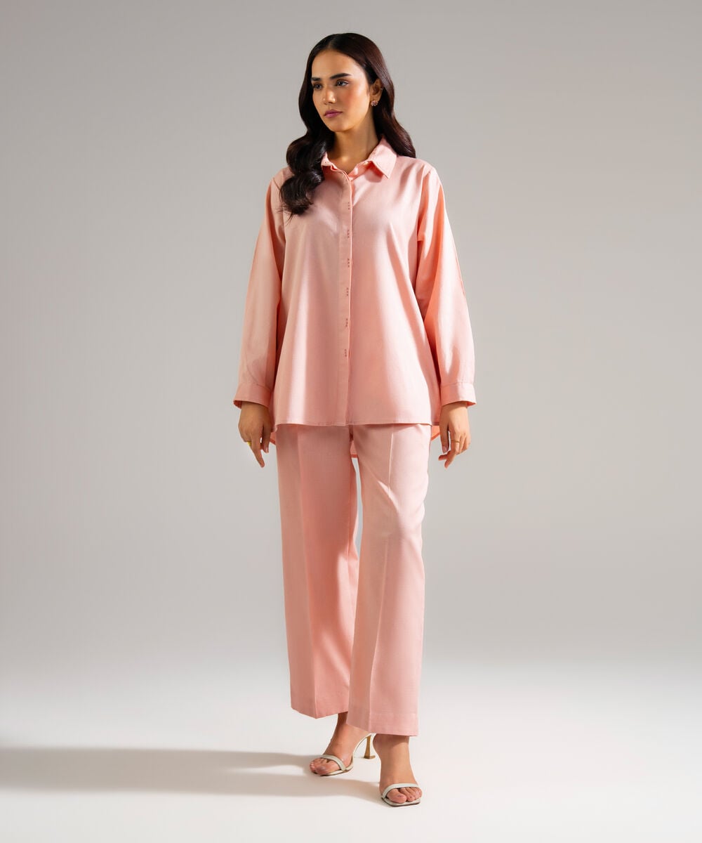 Women's RTW Cotton Linen Solid Pink 2 Piece Suit