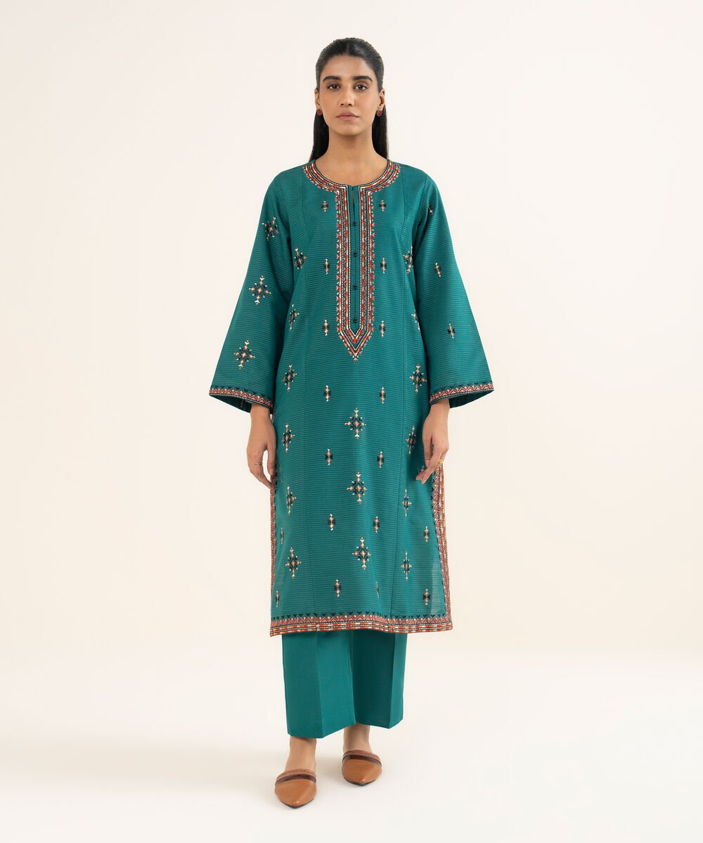 Women's RTW Fancy Textured Slub Embroidered Teal Straight Shirt