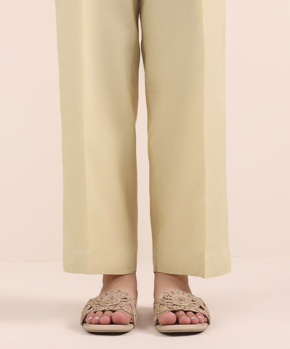 Woman - Beige Raw Silk Straight Pants