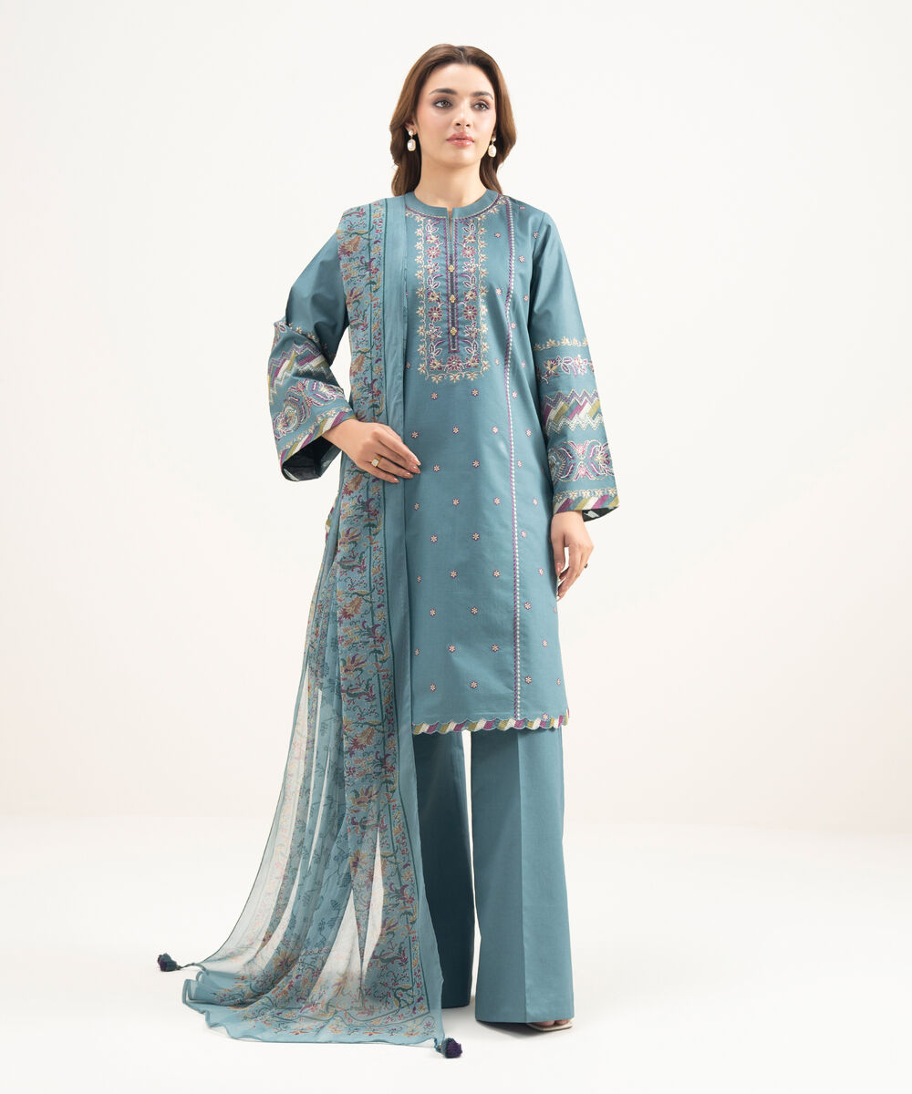 Women's Unstitched Lawn Embroidered Blue  3 Piece Suit