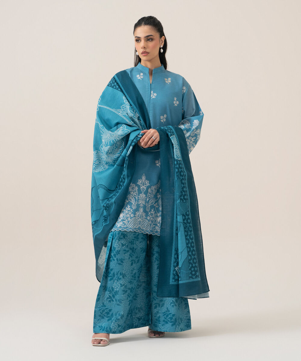 Women's Unstitched Premium Khaddar Embroidered Blue 3 Piece Suit