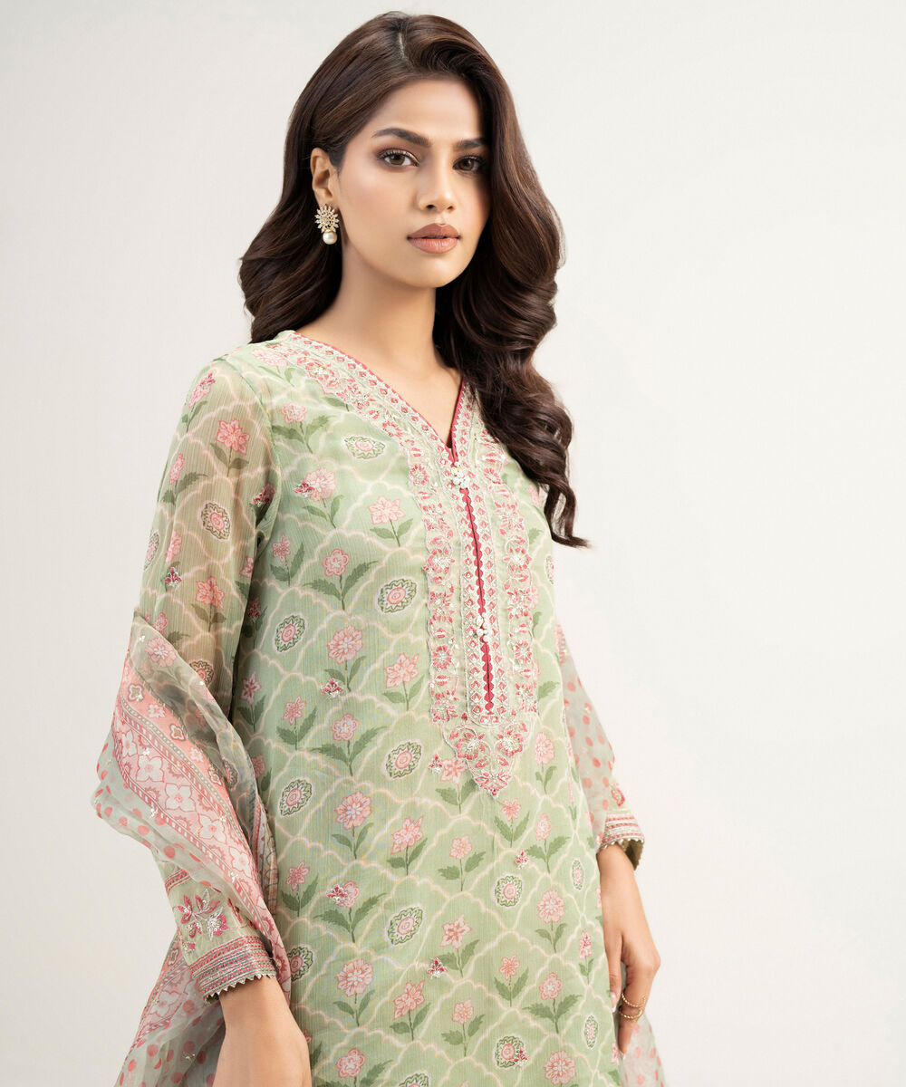 Women's RTW Blended Chiffon Embroidered Green 3 Piece Suit
