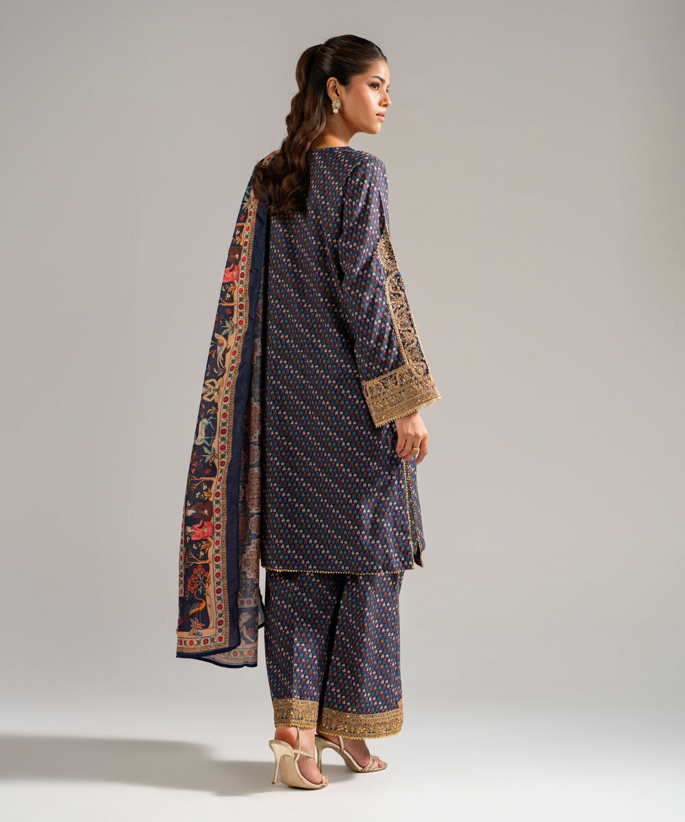 Women's RTW Dobby Embroidered Blue 3 Piece Suit