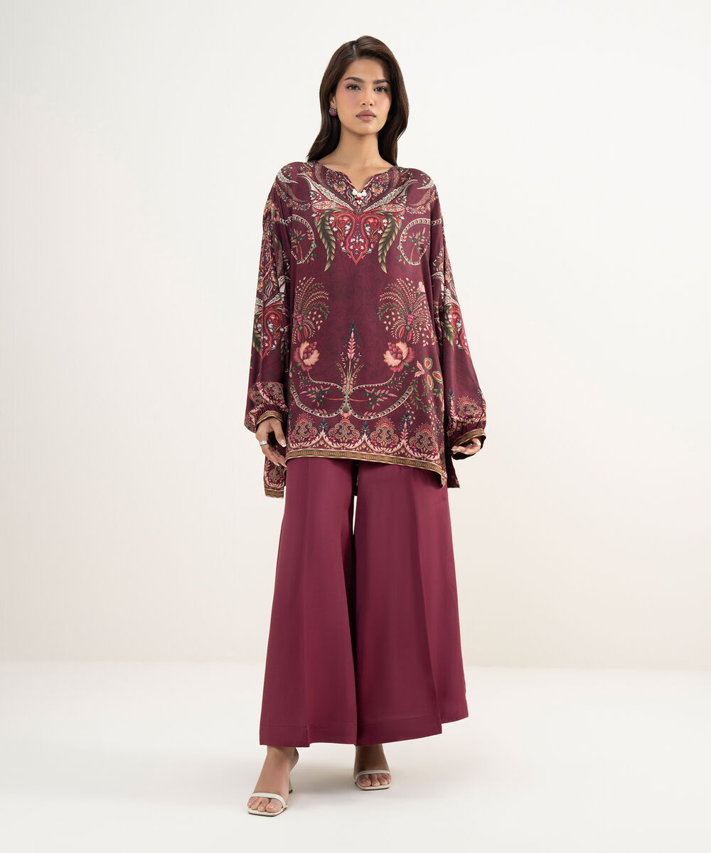 Women's RTW Premium Visocose Satin Printed Plum  2 Piece Suit