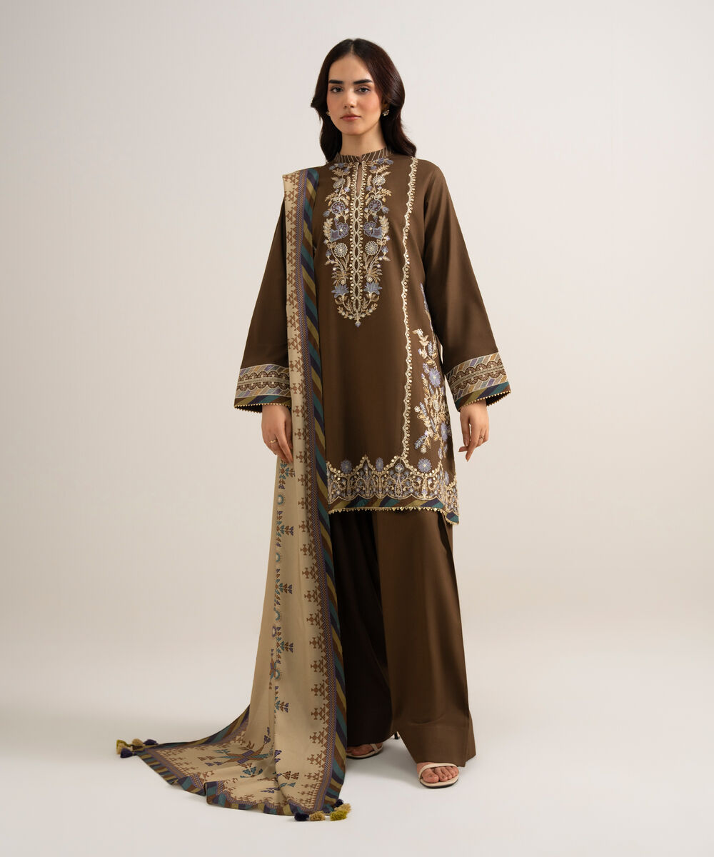Women's Unstitched Embroidered Linen Brown 3 Piece Suit