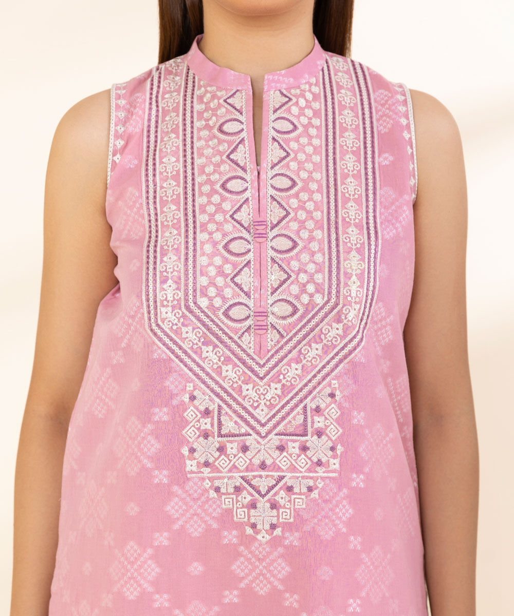 Women's Unstitched Pink Extra Weft Jacquard, Jacquard 3 Piece Suit