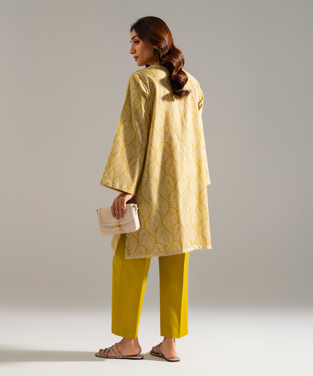 Women's RTW Seersucker Embroidered Yellow 2 Piece Suit