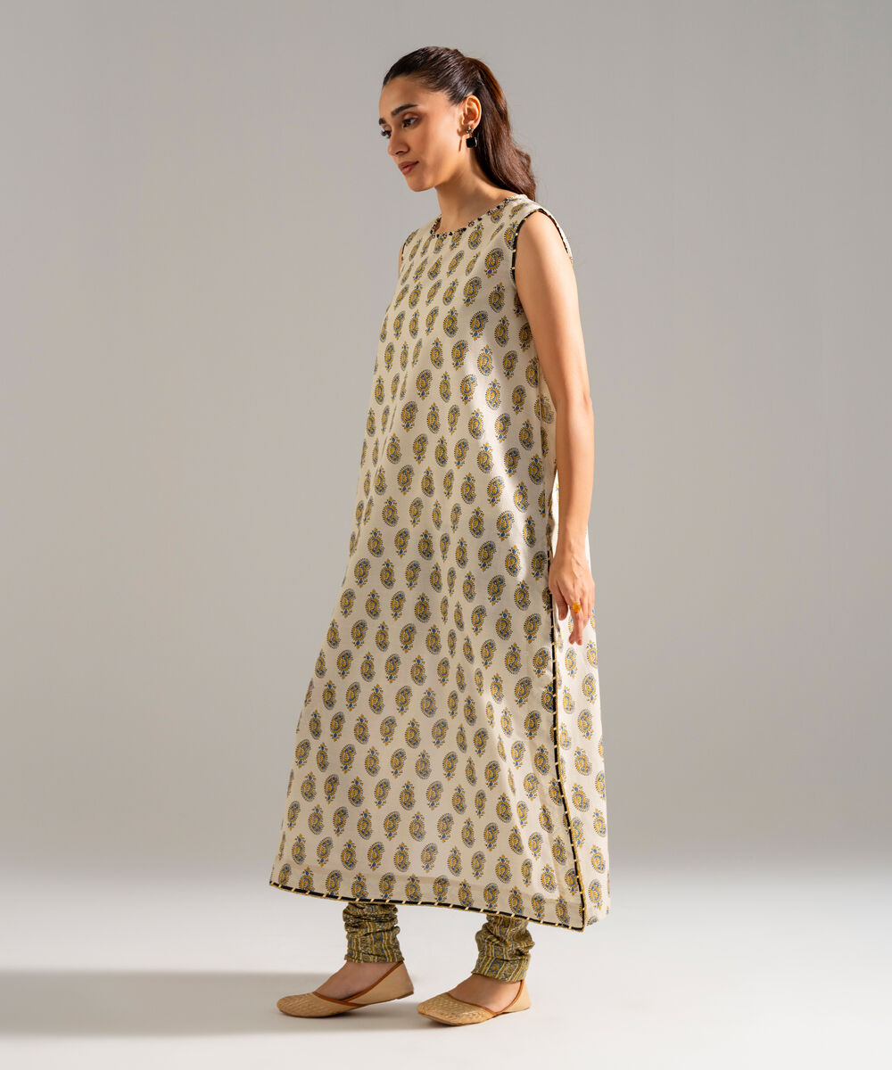 Women's RTW Slub Lawn Printed Beige Straight Shirt