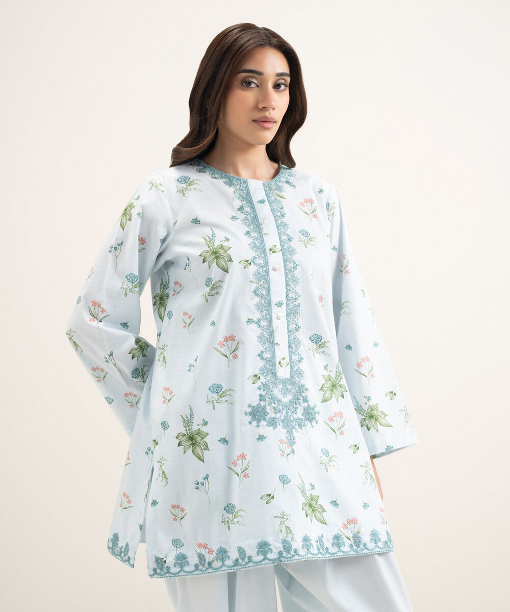 Women's RTW Cambric Embroidered Blue Straight Shirt