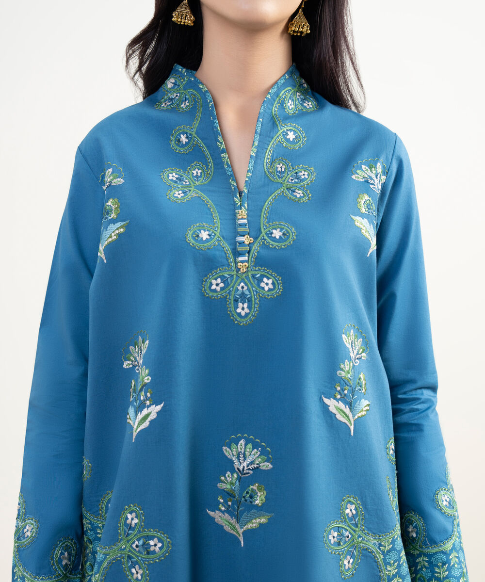 Women's Unstitched Textured Lawn Embroidered Blue 3 Piece Suit