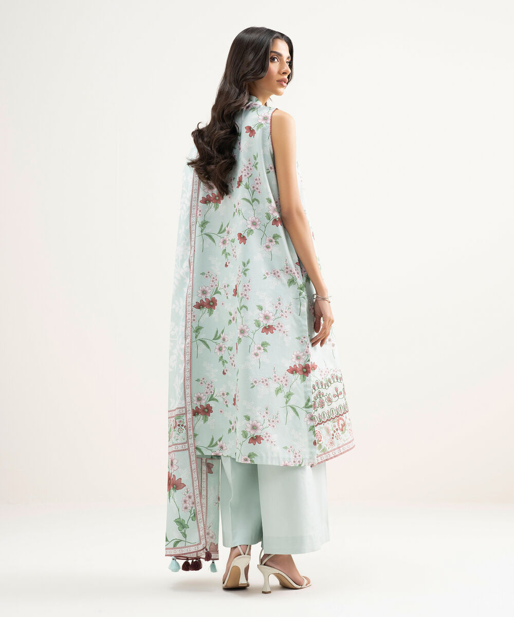 Women's Unstitched Zari Lawn Embroidered Blue 3 Piece Suit