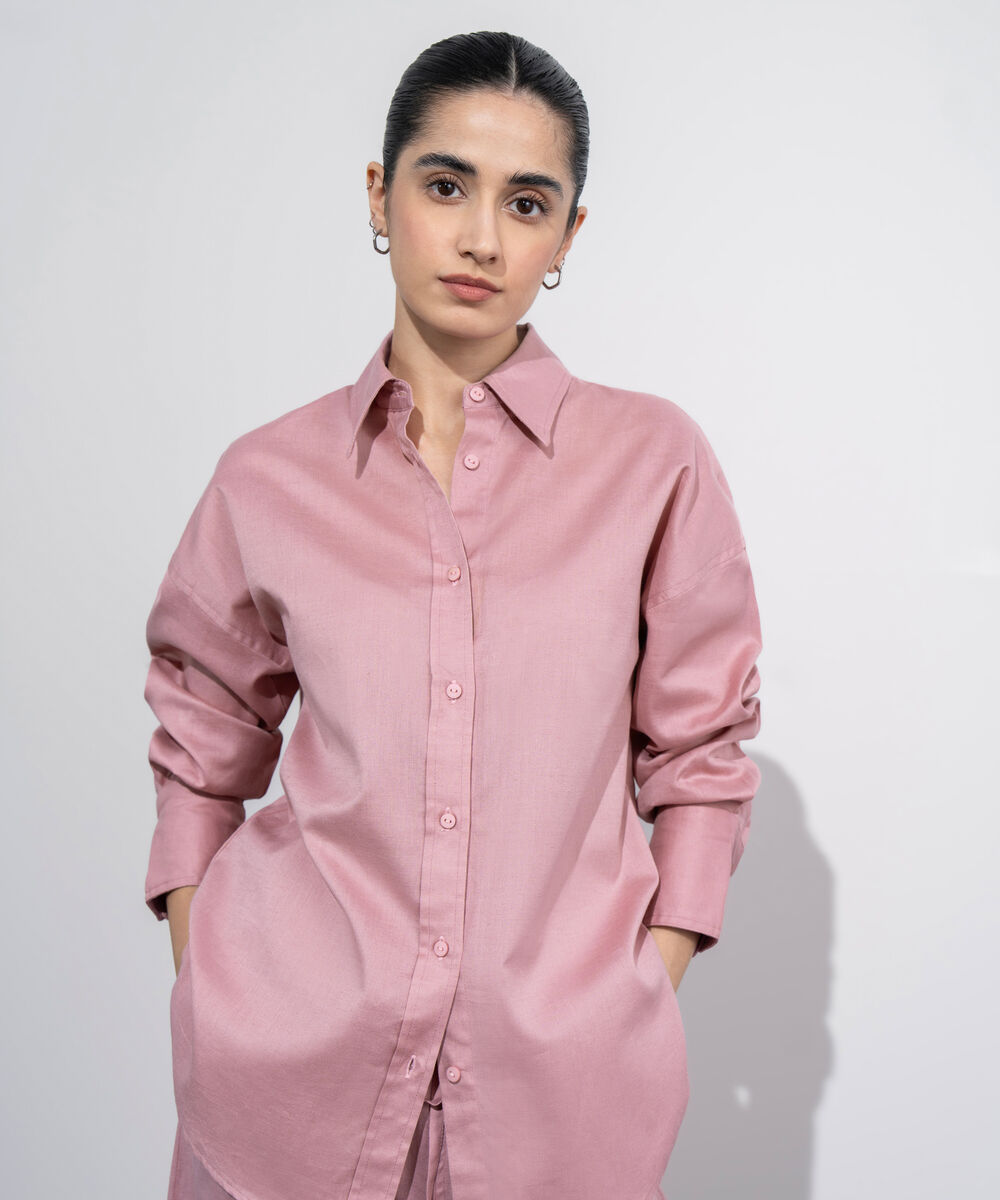 Women's Western Wear Pink Loose Fit Linen Blend Shirt